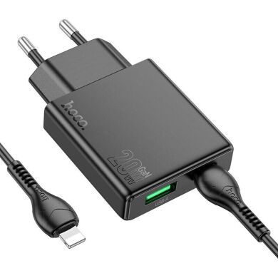 Сетевое зарядное устройство Hoco N38 (20W) + кабель Type-C to Lightning - Black