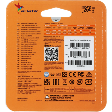 Карта памяти microSDXC ADATA SPEED PLUS 64GB 10 class UHS-1 U3 R180 + адаптер (UD64GUI3V30A2SP-RA1) - Black