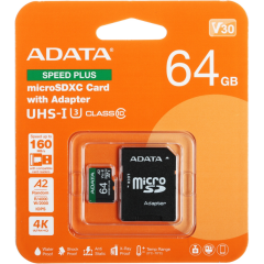 Карта памяти microSDXC ADATA SPEED PLUS 64GB 10 class UHS-1 U3 R180 + адаптер (UD64GUI3V30A2SP-RA1) - Black