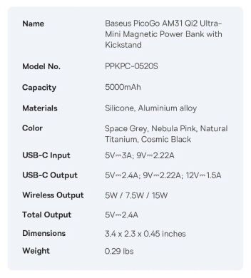 Зовнішній акумулятор Baseus PicoGo AM31 Qi2 MagSafe 20W (5000mAh) P10081907123-00 - Black