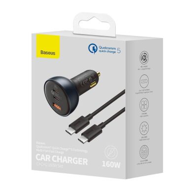Автомобильное зарядное устройство Baseus Qualcomm QC5 Car Charger 2C+U 160W + кабель Type-C to Type-C 100W (20V,5A, 1m) CCZX-160C - Grey