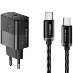 Сетевое зарядное устройство ESSAGER 30W Type-C + кабель Type-C to Type-C (E30JSB1-SYTT1-T) - Black