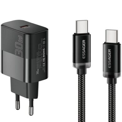 Мережевий зарядний пристрій ESSAGER 30W Type-C + кабель Type-C to Type-C (E30JSB1-SYTT1-T) - Black