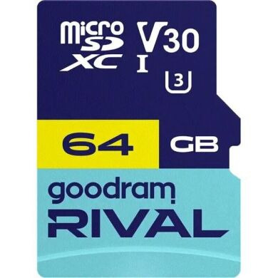 Карта памяти GOODRAM MicroSDXC Rival 64GB V30 UHS I U3 R100 + адаптер (GGSM3AA-0640R12)