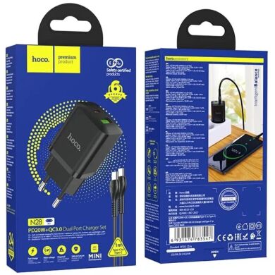 Мережевий зарядний пристрій Hoco N28 PD20W+QC3.0 (20W) + кабель Type-C to Type-C - Black