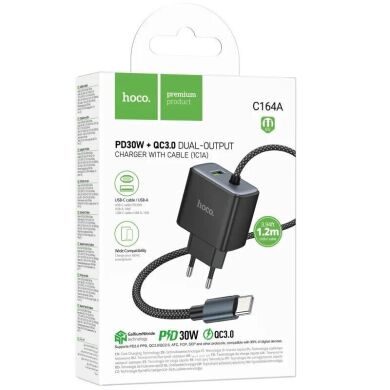 Сетевое зарядное устройство Hoco C164A PD30W+QC3.0 + кабель Type-C - Black