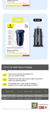 Автомобильное зарядное устройство Baseus GoTrip DP1 (2Type-C) 30W (C00072300123-01) - Black