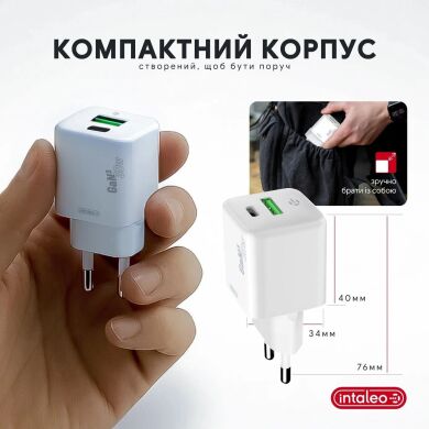 Мережевий зарядний пристрій Intaleo INT-TCGN302CA 30W GaN (USB + Type-C) - White