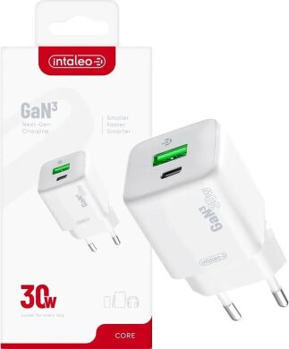 Мережевий зарядний пристрій Intaleo INT-TCGN302CA 30W GaN (USB + Type-C) - White