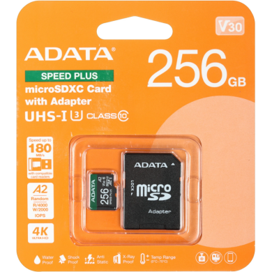 Карта памяти microSDXC ADATA SPEED PLUS 256GB 10 class UHS-1 U3 R180 + адаптер (UD256GUI3V30A2SP-RA1) - Black