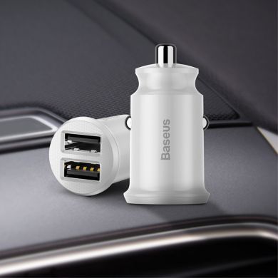 Автомобильное зарядное устройство BASEUS Grain Mini 3.1A Dual USB Smart Car Charger - White