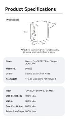 Мережевий зарядний пристрій Baseus EnerFill FE22 70W (2Type-C + USB) E0123500 - Black