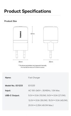 Мережевий зарядний пристрій Baseus EnerFill FN22 45W (Type-C) E0123300 - Black