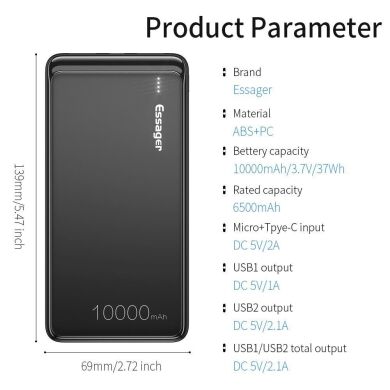 Внешний аккумулятор ESSAGER Portable Power Bank (10000mAh) - Black