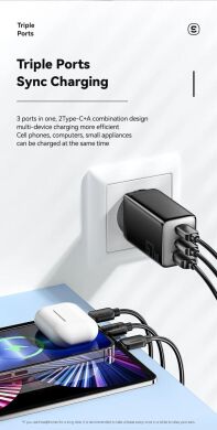 Сетевое зарядное устройство ESSAGER 67W GaN 2Type-C + USB (ECT67W-LJB01-Z) - Black