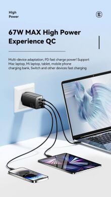 Сетевое зарядное устройство ESSAGER 67W GaN 2Type-C + USB (ECT67W-LJB01-Z) - Black