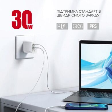 Сетевое зарядное устройство Intaleo TCG30GAN 30W GaN Charger - White