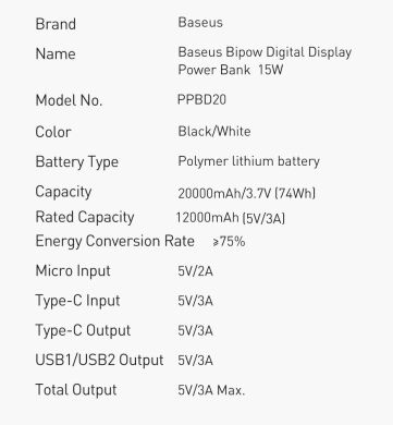 Зовнішній акумулятор Baseus Baseus Bipow 15W (20000mAh) PPDML-J02 - White