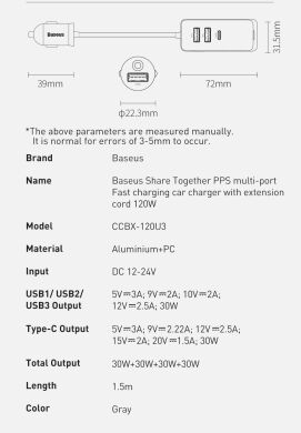 Автомобільний зарядний пристрій Baseus Share Together PPS Fast Charging 3USB + Type-C (120W) CCBT-B0G - Grey
