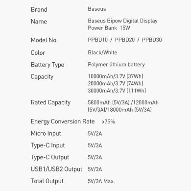 Внешний аккумулятор Baseus Bipow 15W (30000mAh) PPDML-K01 - Black