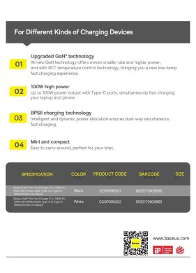 Сетевое зарядное устройство Baseus GaN5 Pro Fast Charger C+U 100W + кабель Type-C to Type-C (100W, 1m) CCGP090201 - Black