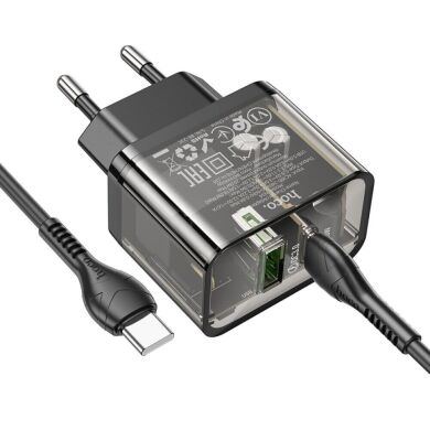 Мережевий зарядний пристрій Hoco N34 Dazzling PD20W+QC3.0 + кабель Type-C to Type-C - Transparent Black
