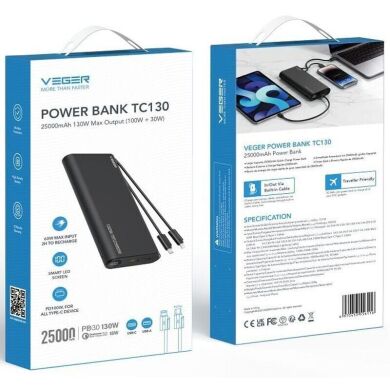 Внешний аккумулятор VEGER TCE130 PD130W (25000mAh) + кабель Type-C + Lightning - Black