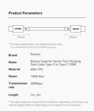 Кабель Baseus Superior Series Type-C to Type-C (100W, 2m) CATYS-C01 - Black