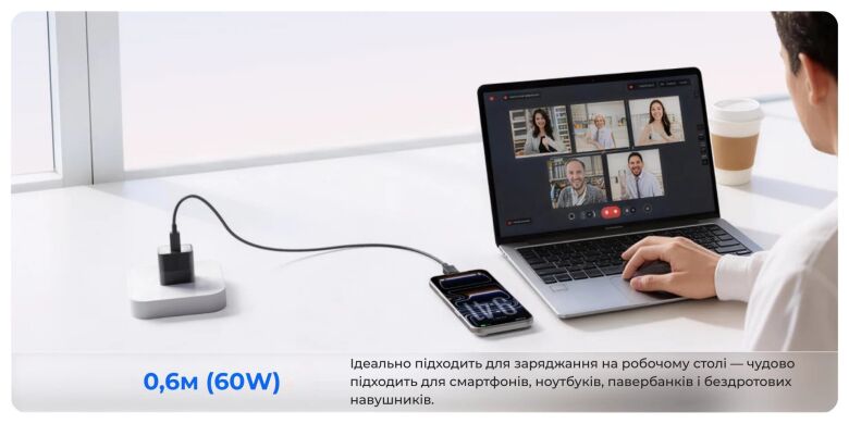 Кабель Sharge Type-C to Type-C (60W, 0.6m) - White