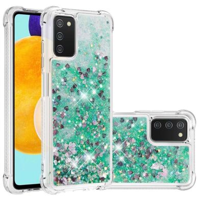 Силиконовый (TPU) чехол Deexe Liquid Glitter для Samsung Galaxy A03s (A037) - Green Hearts