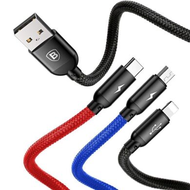 Кабель Baseus Three Primary Colors 3-in-1 USB to Lightning + Micro + Type-C (3.5A, 30cm) CAMLT-ASY01 - Black