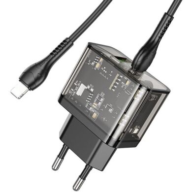 Мережевий зарядний пристрій Hoco N34 Dazzling PD20W+QC3.0 + кабель Type-C to Lightning - Transparent Black