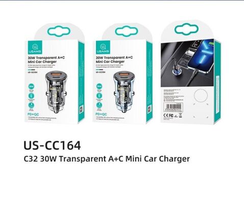 Автомобільний зарядний пристрій Usams US-CC164 C32 30W A+C Mini Car Charger - Transparent