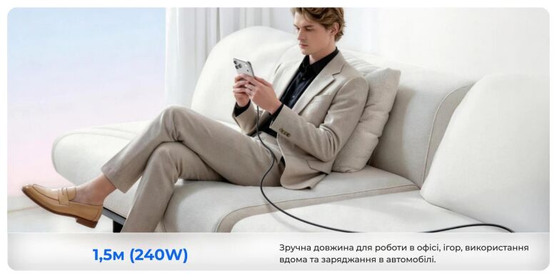 Кабель Sharge Type-C to Type-C (240W, 1.5m) - White