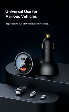 Автомобильное зарядное устройство Baseus Digital Display U+C 140W + кабель Type-C to Type-C (240W, 1m) CGZX070001 - Black