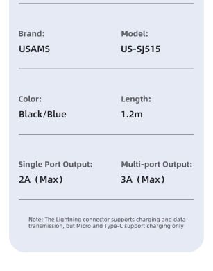 Кабель USAMS US-SJ515 U73 3 in 1 Aluminum Alloy (3A, 1.2m) - Black