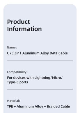 Кабель USAMS US-SJ515 U73 3 in 1 Aluminum Alloy (3A, 1.2m) - Black