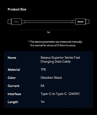 Автомобильное зарядное устройство Baseus Digital Display U+C 140W + кабель Type-C to Type-C (240W, 1m) CGZX070001 - Black