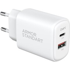 Сетевое зарядное устройство ArmorStandart Poweraze GaN (20W) Type-C + USB - White