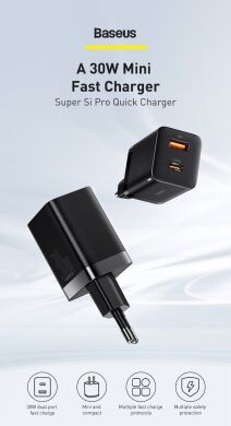 Мережевий зарядний пристрій Baseus Super Si Pro Quick Charger C+U (30W) CCSUPP-E02 - White