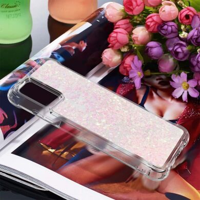 Силиконовый (TPU) чехол Deexe Liquid Glitter для Samsung Galaxy A03s (A037) - Silver Pink Stars