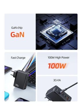 Сетевое зарядное устройство Usams US-CC163 T50 100W 4 Ports ACCC GaN Fast Charger - Black