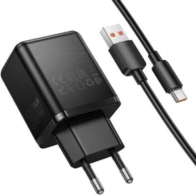 Мережевий зарядний пристрій Hoco C157A PD30W+QC3.0 + кабель USB to Type-C - Black