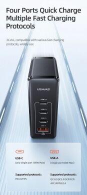 Сетевое зарядное устройство Usams US-CC163 T50 100W 4 Ports ACCC GaN Fast Charger - Black