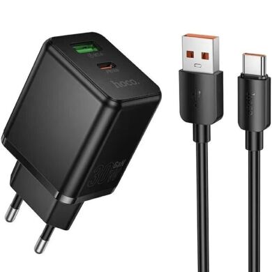 Мережевий зарядний пристрій Hoco C157A PD30W+QC3.0 + кабель USB to Type-C - Black