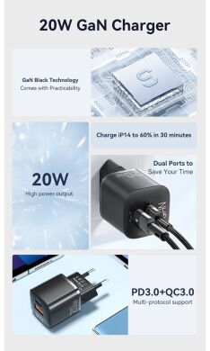 Мережевий зарядний пристрій ESSAGER Camber GaN 20W (USB + Type-C) ECTAC-HMB01-P - Black