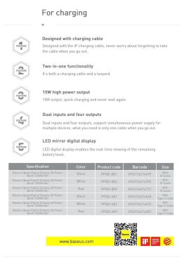 Внешний аккумулятор Baseus Q pow Digital Display 3A 15W (10000mAh) + кабель Type-C (PPQD-A02) - White