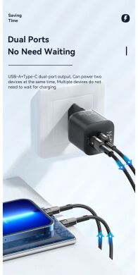 Мережевий зарядний пристрій ESSAGER Camber GaN 20W (USB + Type-C) ECTAC-HMB01-P - Black