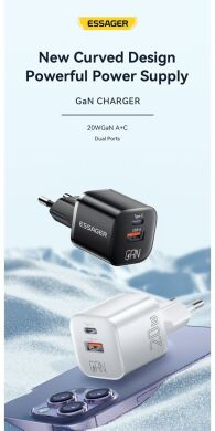 Мережевий зарядний пристрій ESSAGER Camber GaN 20W (USB + Type-C) ECTAC-HMB01-P - Black