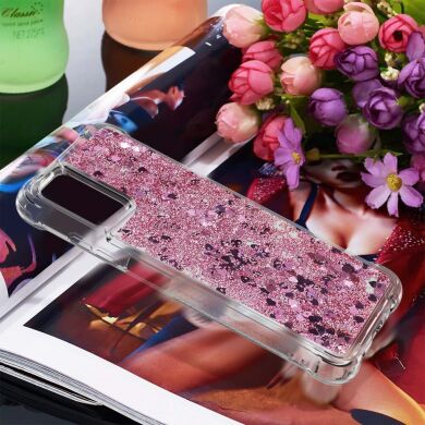 Силиконовый (TPU) чехол Deexe Liquid Glitter для Samsung Galaxy A03s (A037) - Rose Gold Hearts